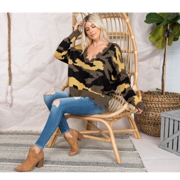 OLIVE MUSTARD BLACK CAMOUFLAGE PRINT LONG SLEEVE FRAYED KNIT SWEATER - Picture 2 of 8
